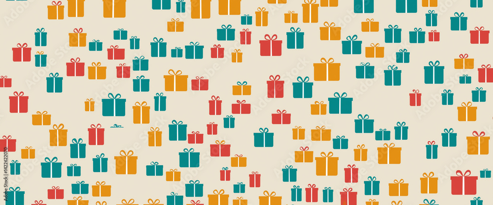 pattern featuring a multitude of gift boxes in shades of teal, orange, and red on a light beige background pattern featuring a multitude of gift boxes in shades of teal, orange, and red on a light beige background