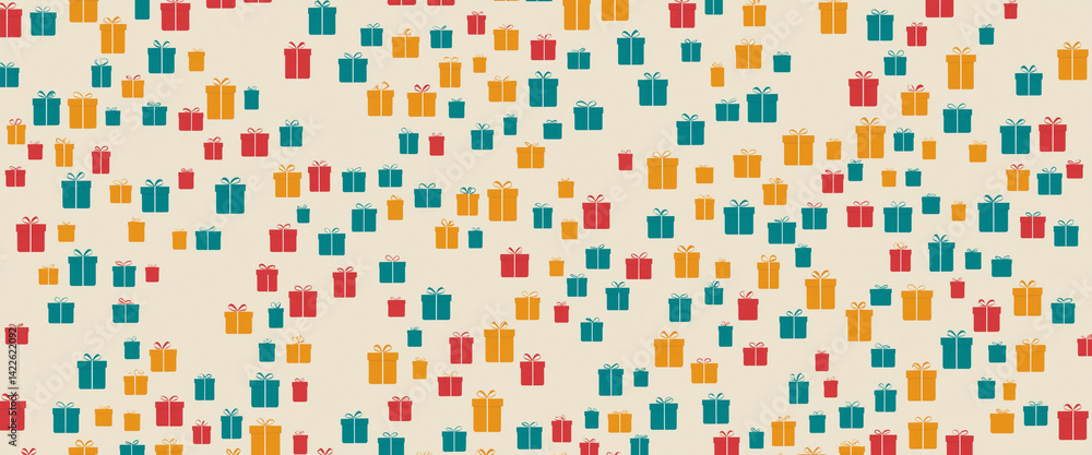 pattern featuring a multitude of gift boxes in shades of teal, orange, and red on a light beige background pattern featuring a multitude of gift boxes in shades of teal, orange, and red on a light beige background
