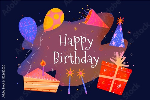Happy Birthday Celebration Illustration for Banner – Colorful Balloons, Cake, Party Hats and Gifts with Festive Typography  