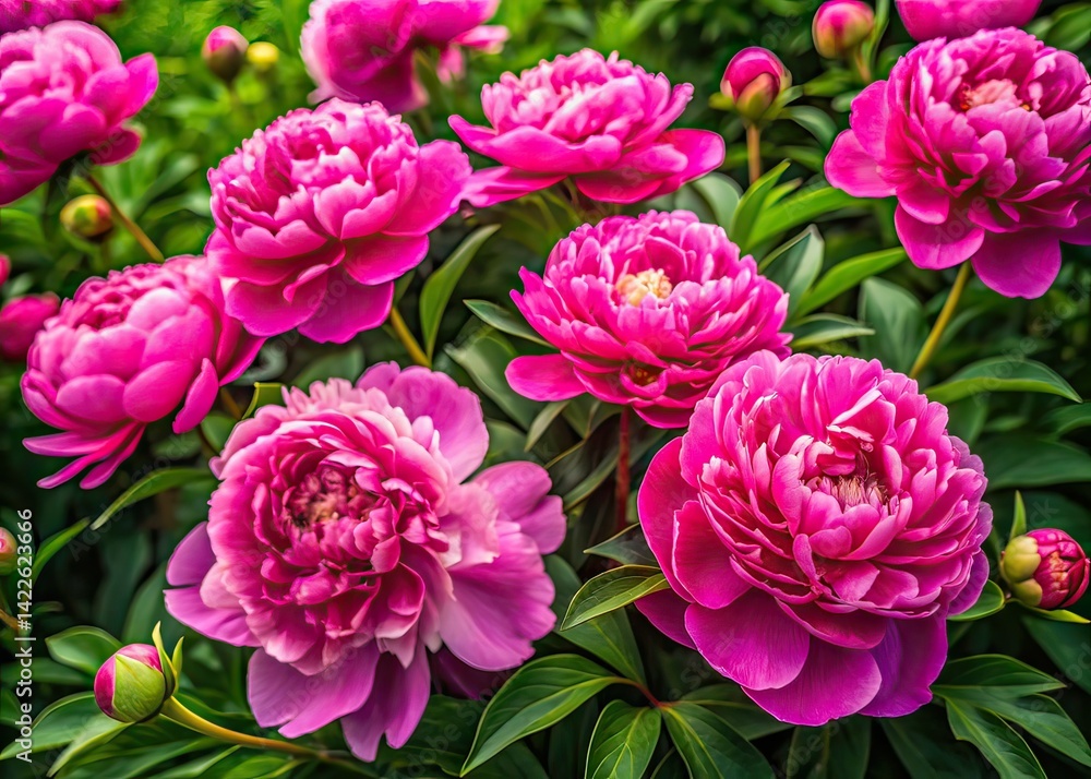 Drone Shot of Pink Peonies, Lush Blooming Bushes, Aerial View Drone Shot of Pink Peonies, Lush Blooming Bushes, Aerial View