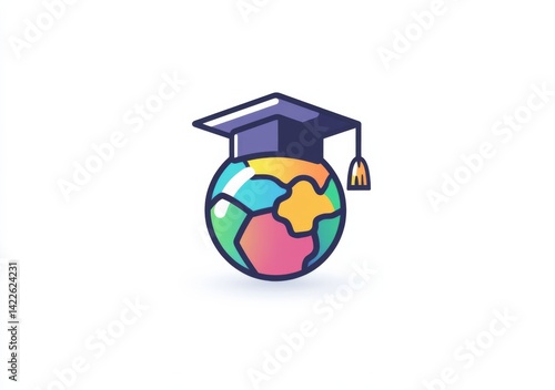 online education company with simple line drawing of globe and graduation cap, white background