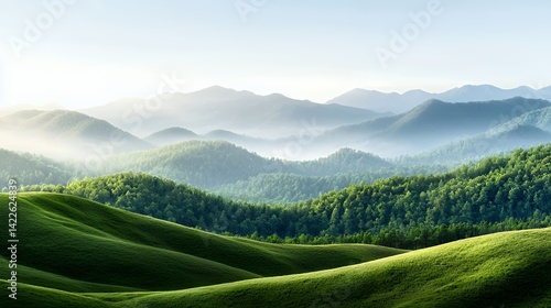 Rolling hills and misty mountains in a green landscape
