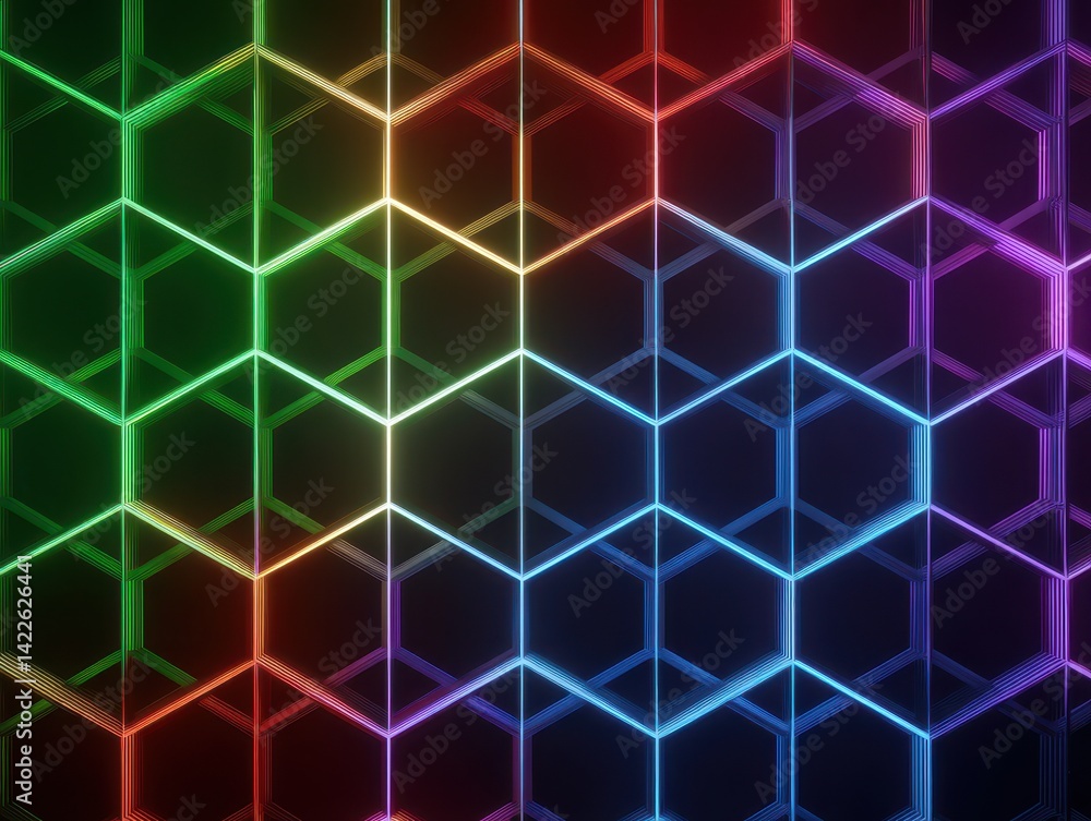 Fototapeta premium Hexagon lattice with rainbow lighting. Seamless geometric pattern design with illuminated lines. Modern glowing honeycomb structure in vivid shades.