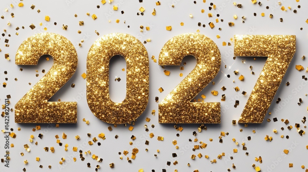 Sparkling gold numbers represent the year 2027, surrounded by colorful confetti, creating a festive atmosphere for celebrations Sparkling gold numbers represent the year 2027, surrounded by colorful confetti, creating a festive atmosphere for celebrations