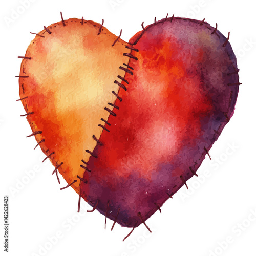 Heart Stitched With Thread, vector watercolor illustration, isolated on a white background.