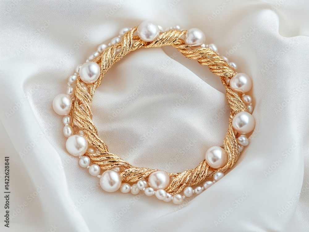 Obraz premium Elegant gold and pearl bracelet on soft white satin fabric