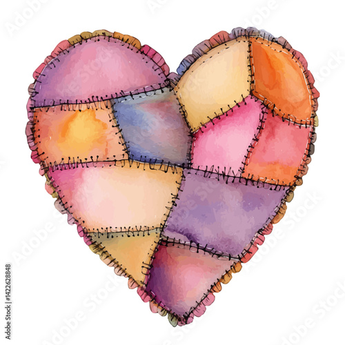 Heart Stitched With Thread, vector watercolor illustration, isolated on a white background.