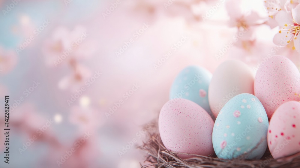 Easter eggs in shades of pink and blue are nestled in a nest, accented by delicate floral blossoms, capturing the essence of springtime celebration Easter eggs in shades of pink and blue are nestled in a nest, accented by delicate floral blossoms, capturing the essence of springtime celebration