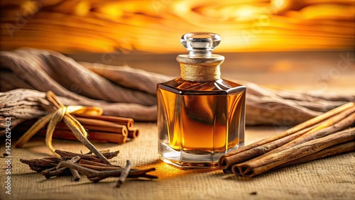 Enchanting Oud Perfume Bottle, Agarwood Sticks, High Depth of Field