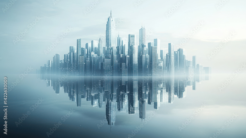 Naklejka premium A serene futuristic cityscape with skyscrapers reflected on calm water, evoking sense of symmetry and modern elegance