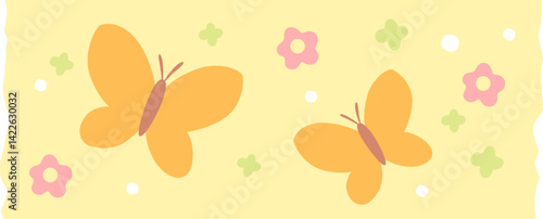 데코 테이프, 나비와 꽃 패턴, 노란 배경, 봄 느낌, 플랫 스타일, 감성 꾸미기, 장식용 테이프
