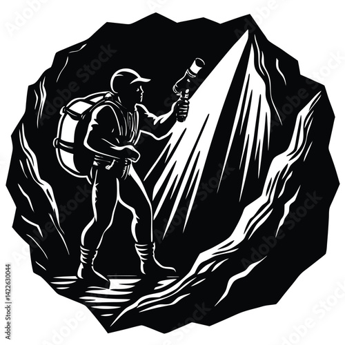Black and White Illustration of a Cave Explorer with Backpack and Flashlight in a Dark Cave, Adventure Graphic Art