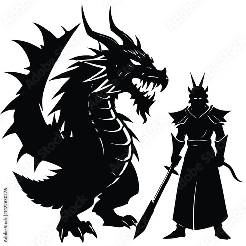Black Silhouette Dragon and Warrior: Fantasy Art Illustration of Mythical Creature and Knight with Sword, Epic Battle Scene Graphic
