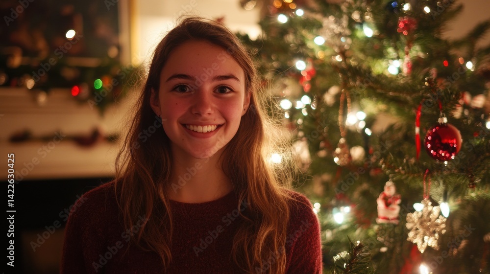 Smiling Young Woman Posing in a Festive Setting Near a Decorated Christmas Tree Smiling Young Woman Posing in a Festive Setting Near a Decorated Christmas Tree