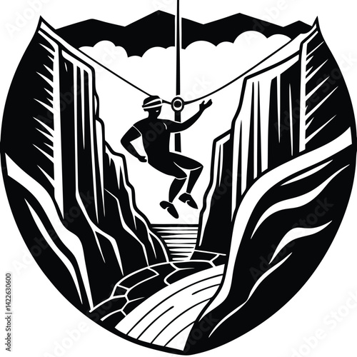 Ziplining Adventure Vector Graphic: Thrilling Canyon Ride Illustration, Extreme Sport, Black and White Cliffside Landscape Design