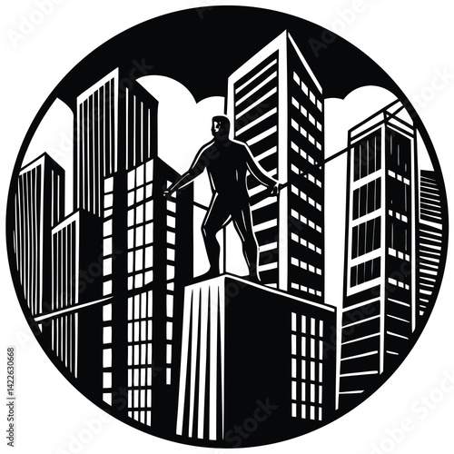 Superhero Silhouette in Cityscape Vector Art: Urban Hero Graphic Design, Black and White Metropolis Illustration, Comic Book Style