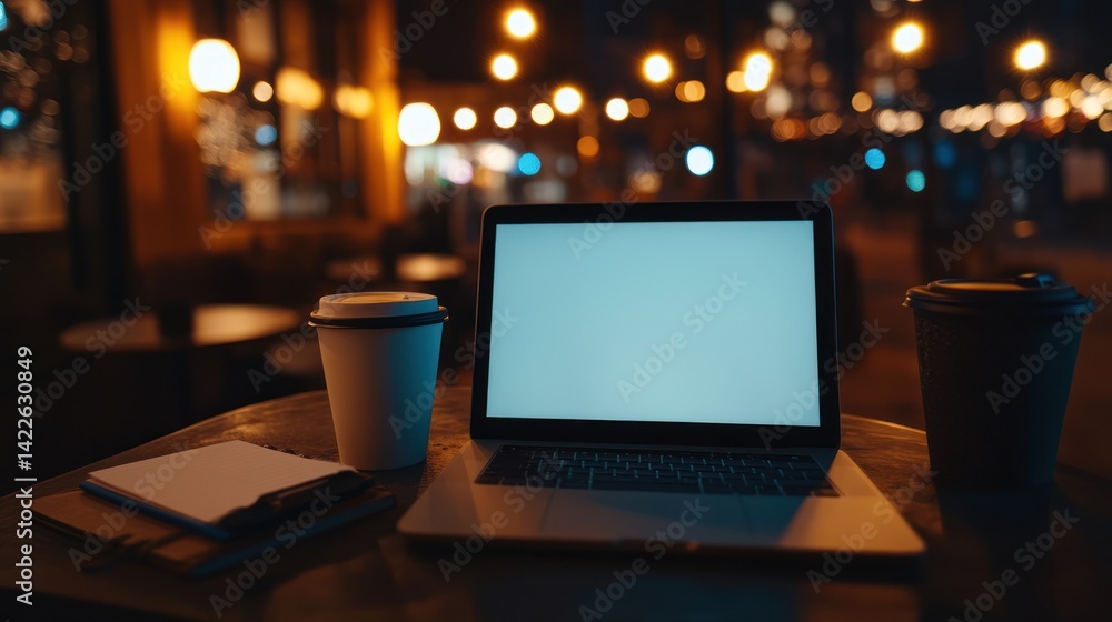 Laptop at night cafe table with coffee Laptop at night cafe table with coffee
