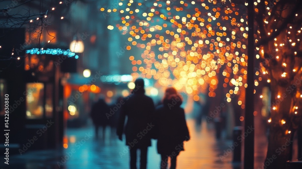 Pedestrians stroll a festive avenue illuminated with bokeh lights during the winter holidays. Pedestrians stroll a festive avenue illuminated with bokeh lights during the winter holidays.