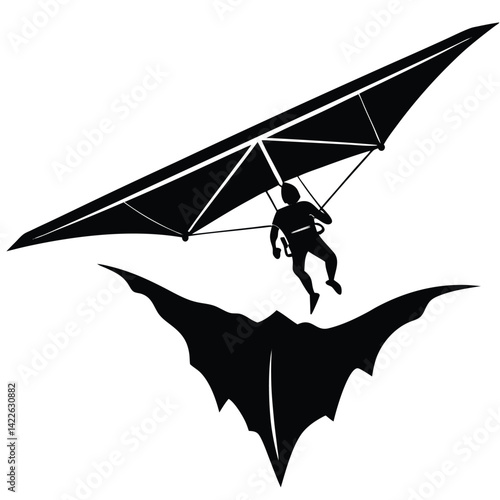 Hang Gliding Silhouette Vector: Man Flying Hang Glider Above Mountain, Outdoor Adventure Sport Illustration, Black and White Graphic Design
