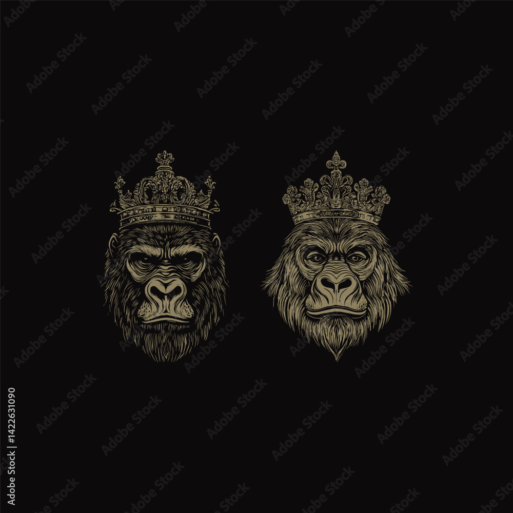 Fototapeta premium Royal gorilla with crown engraving design vector template illustration
