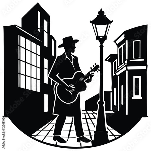 Silhouette of a Street Musician Playing Guitar Under a Lamppost in a Cityscape Illustration, Black and White Vector Art