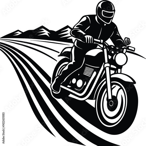 Motorcycle Rider Vector Illustration: Black and White Graphic of Biker on Road with Mountains, Retro Style Design for Prints & Logos