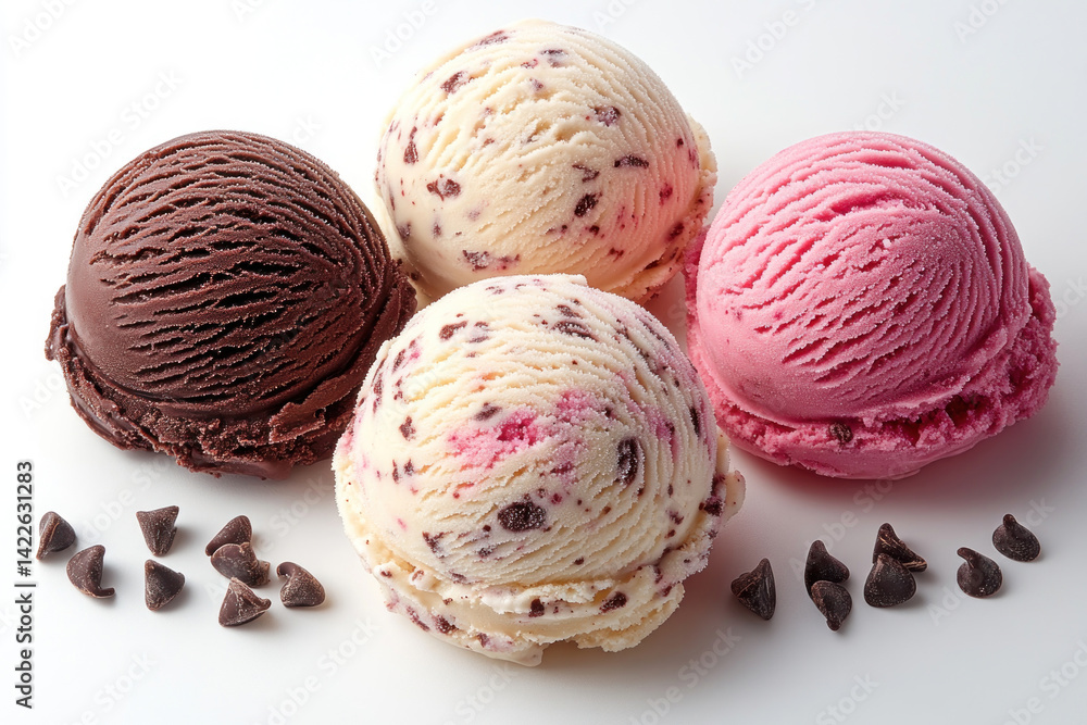 Close-up of delicious ice cream scoops of various flavors: chocolate, strawberry, and creamy with chocolate and berry pieces. Close-up of delicious ice cream scoops of various flavors: chocolate, strawberry, and creamy with chocolate and berry pieces.