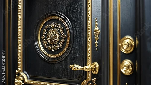 Ornate black door with gold accents, detailed craftsmanship