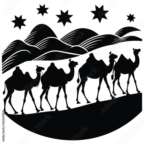Silhouette of Camels Walking Under Starry Night Sky, Desert Landscape Vector Illustration, Nativity Scene Graphic Art