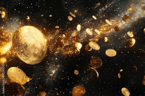 Golden Coins Floating in a Mysterious Cosmic Background