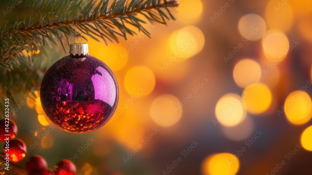 Fototapeta premium A reflective purple ornament is suspended from a pine tree branch, surrounded by warm, softly glowing lights that create a festive atmosphere