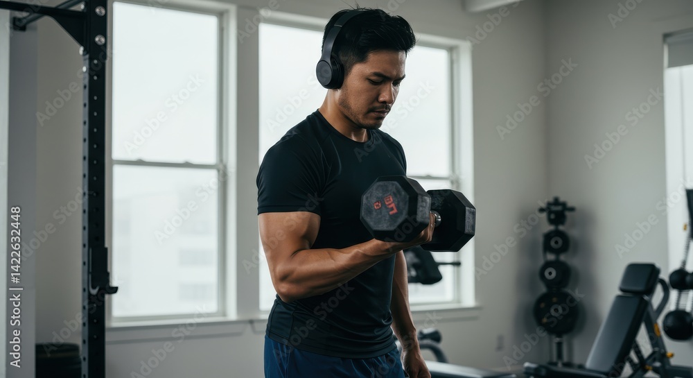 Man performing dumbbell exercise in a well-equipped home gym with natural light Man performing dumbbell exercise in a well-equipped home gym with natural light