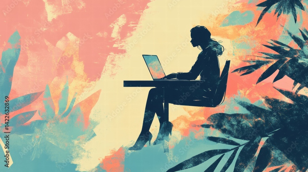 custom made wallpaper toronto digitalWoman Working on Laptop Abstract Tropical Background