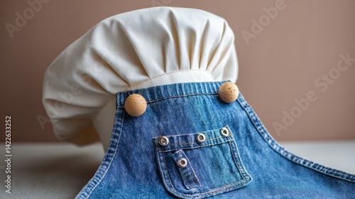 Obraz na płótnie A tall chef's hat and a denim apron, showcasing a casual yet professional cooking setting - scene chef cafe blue w salonie