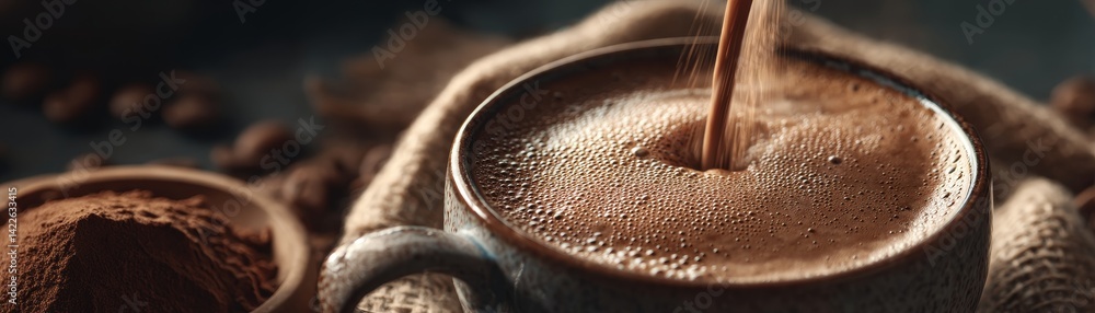 Cappuccino poured into a rustic mug, crema creating a rich brown surface - morning color beverage winter drink