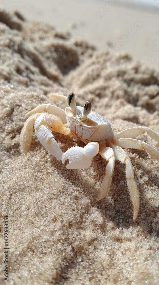 Close-up of a small crab rapidly scuttling sideways across sand - aquatic shell shore natural tiny