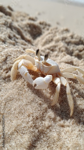 Obraz na płótnie Close-up of a small crab rapidly scuttling sideways across sand - aquatic shell shore natural tiny w salonie