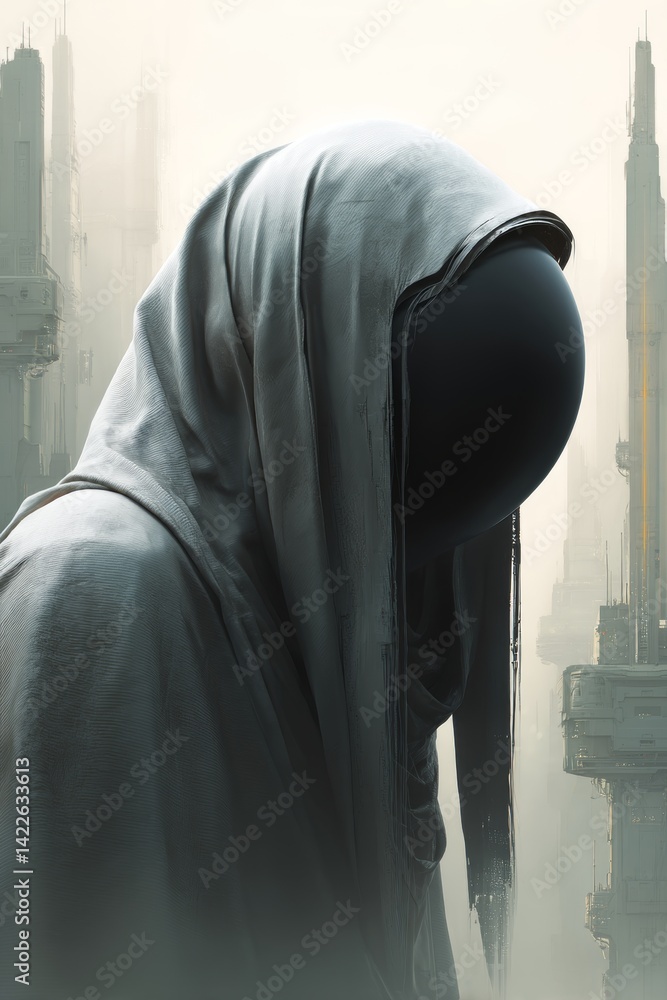 Metallic silver cape, futuristic cityscape background - buildings urban concept