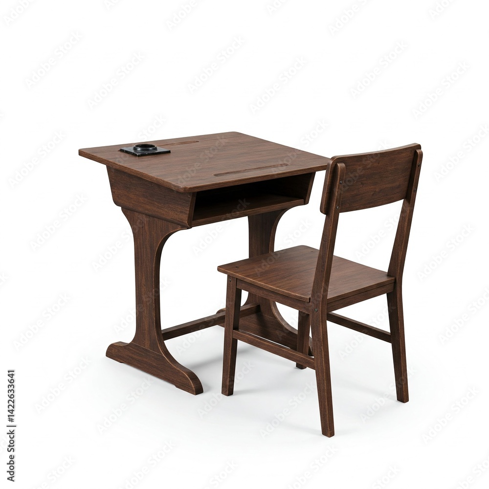 Wooden desk and chair isolated on white background for school or office use.
Wooden desk and chair isolated on white background for school or office use.