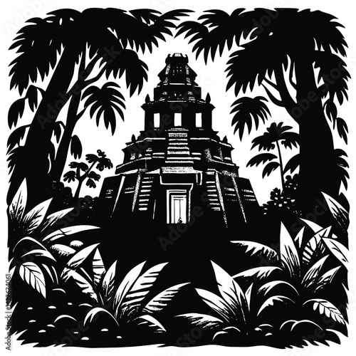 Black and White Jungle Temple Illustration: Ancient Pyramid Structure Surrounded by Lush Tropical Foliage, Silhouette Style Art