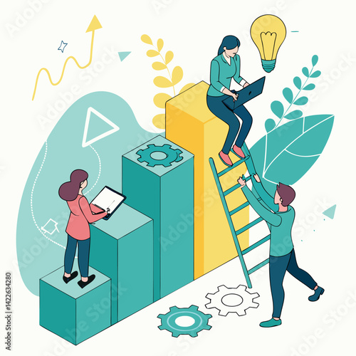 Creative Business Teamwork and Innovation – Vector Illustration of Diverse People Collaborating, Communicating Ideas, and Developing Solutions with Light Bulbs, Gears, and Modern Devices.