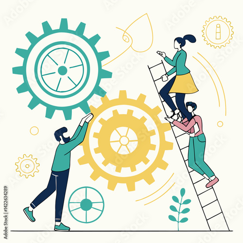 Creative Business Teamwork and Innovation – Vector Illustration of Diverse People Collaborating, Communicating Ideas, and Developing Solutions with Light Bulbs, Gears, and Modern Devices.