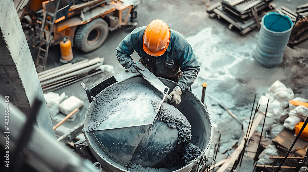 Construction Worker Mixing Concrete on Site