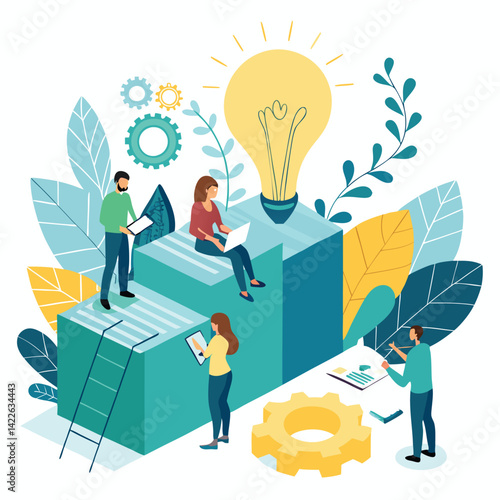 Creative Business Teamwork and Innovation – Vector Illustration of Diverse People Collaborating, Communicating Ideas, and Developing Solutions with Light Bulbs, Gears, and Modern Devices.