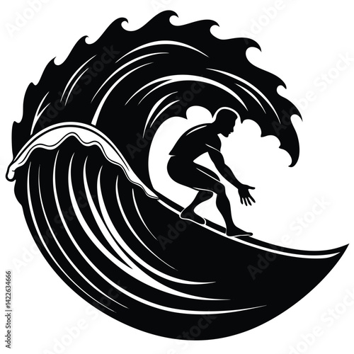 Surfing Silhouette: Vector Illustration of a Surfer Riding a Large Wave, Black and White Graphic Design for Water Sports Enthusiasts