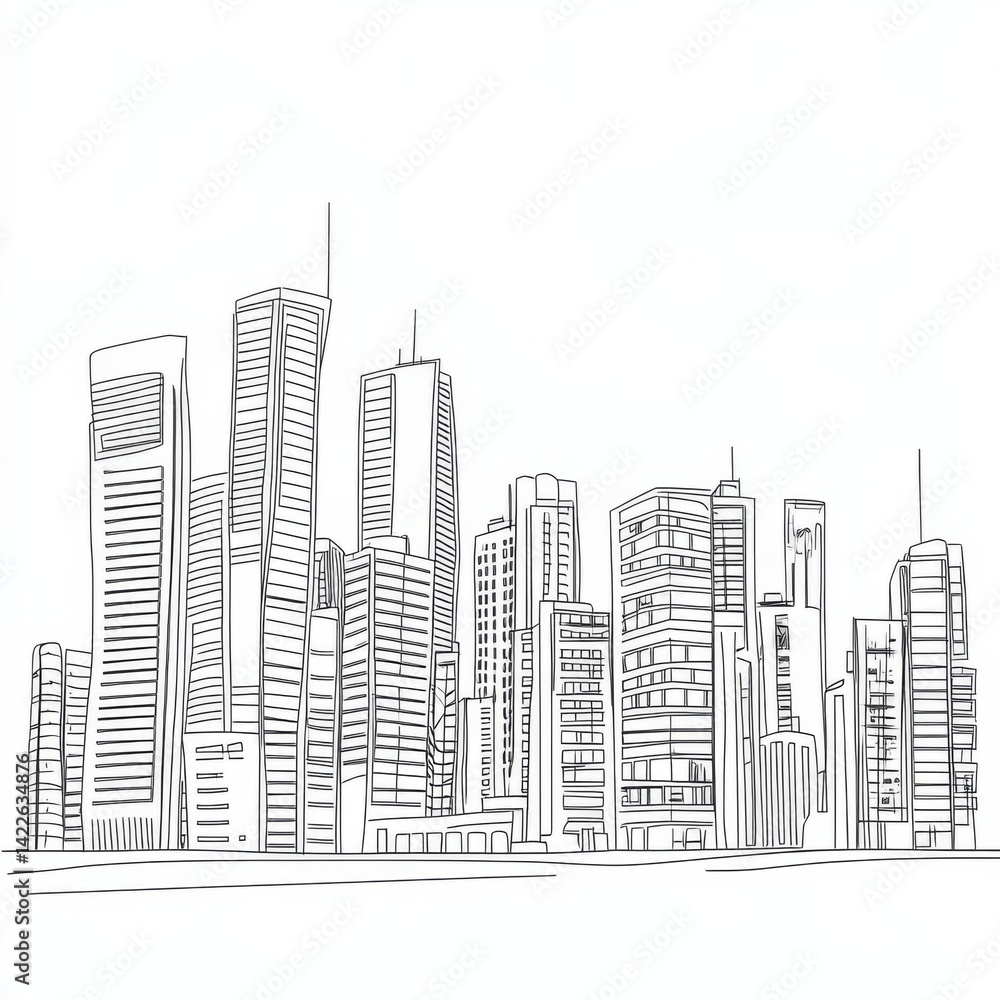 Fototapeta premium Continuous line drawing of modern urban architecture with apartment buildings and panoramic cityscape. Minimalist linear vector design of contemporary city street silhouette and skyline view.