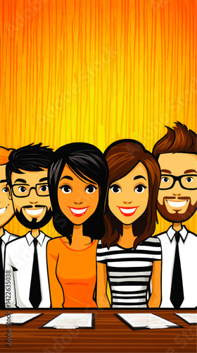 Engaging Diverse Business Team Illustration Smiling Young Professionals Men Women Cartoon Characters Bright Vibrant Orange Background Modern Teamwork Concept HR Design