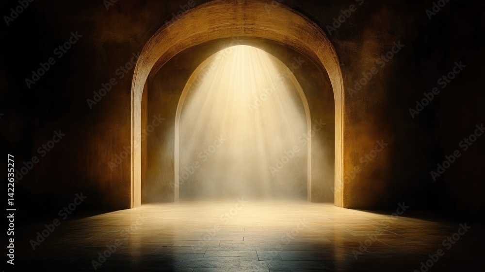 Fototapeta premium Dramatic golden light beam shining through a stone archway in a dark, empty minimalist hall.