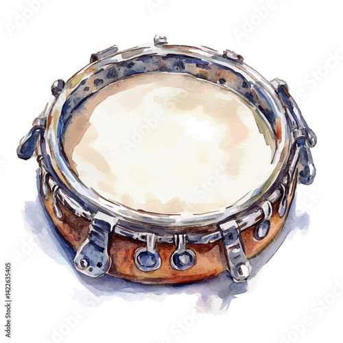 watercolor of Hand-held Tambourine With Silver Jangles, vector, isolated on a white background.