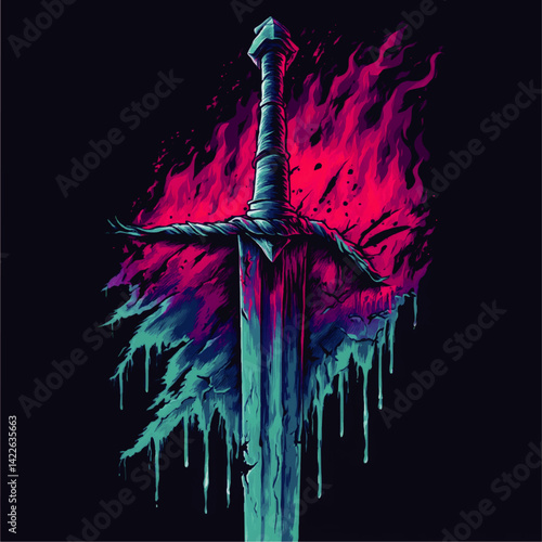 Vibrant Fantasy Vector Illustration of Mystic Sword with Blue and Pink Flames Melting Dripping Art Effect Dark Background Ideal for Game and Graphic Design Projects